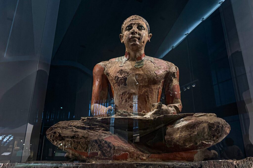 A colossal ancient Egyptian statue on display during the trial opening of the Grand Egyptian Museum, Giza, Egypt, Oct. 15, 2024. (AFP Photo)