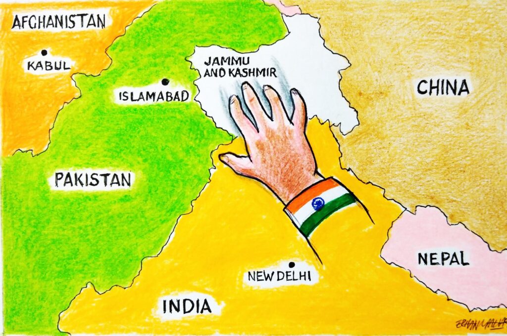 "Despite all odds, the valiant Kashmiris continue to defy the Indian bayonets and refuse to accept subjugation as their fate." (Illustration by Erhan Yalvaç)