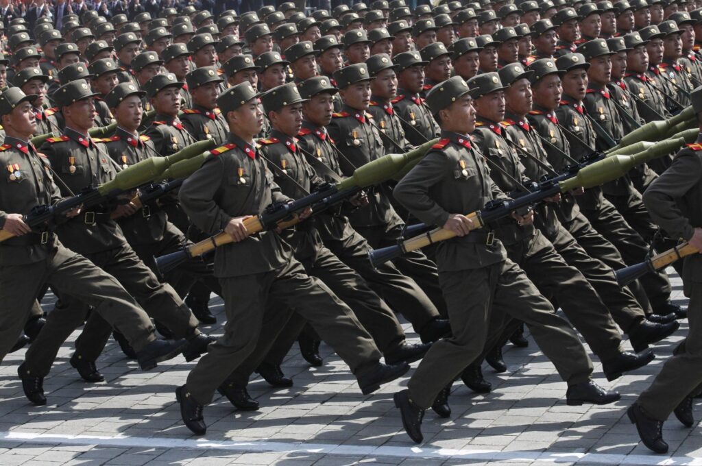 North Korean soldiers march during a mass military parade to celebrate 100 years since the birth of North Korean founder, Kim Il Sung, in Pyongyang's Kim Il Sung Square, North Korea, April 15, 2012. (AP File Photo)