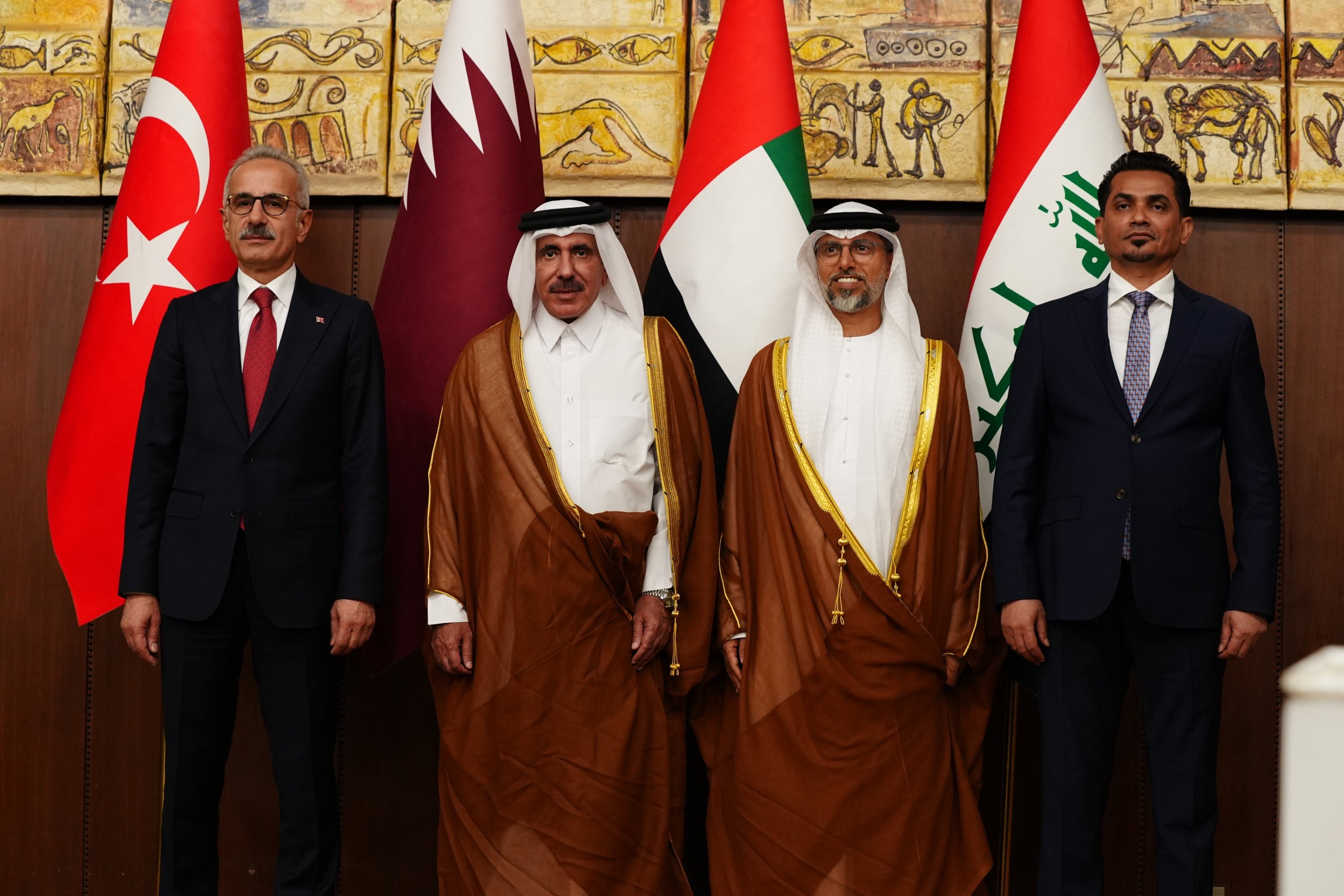 353363 From left to right, Transport and Infrastructure Minister Abdülkadir Uraloğlu, Qatari Transport and Communications Minister Jassim Saif al-Sulaiti, UAE’s Energy and Infrastructure Minister Suhail bin Faris Al Mazrouei and Iraqi Transport Minister Razzaq Muhaybis al-Saadawi attend a meeting, Baghdad, Iraq, Oct. 31, 2024. (IHA Photo)