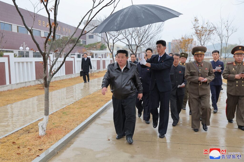 This picture released from North Korea's official Korean Central News Agency (KCNA) via KNS shows North Korean leader Kim Jong Un (C) inspecting regional-industry factories under construction in Jaeryong County, South Hwanghae Province, North Korea, Nov. 14, 2024. (AFP Photo)