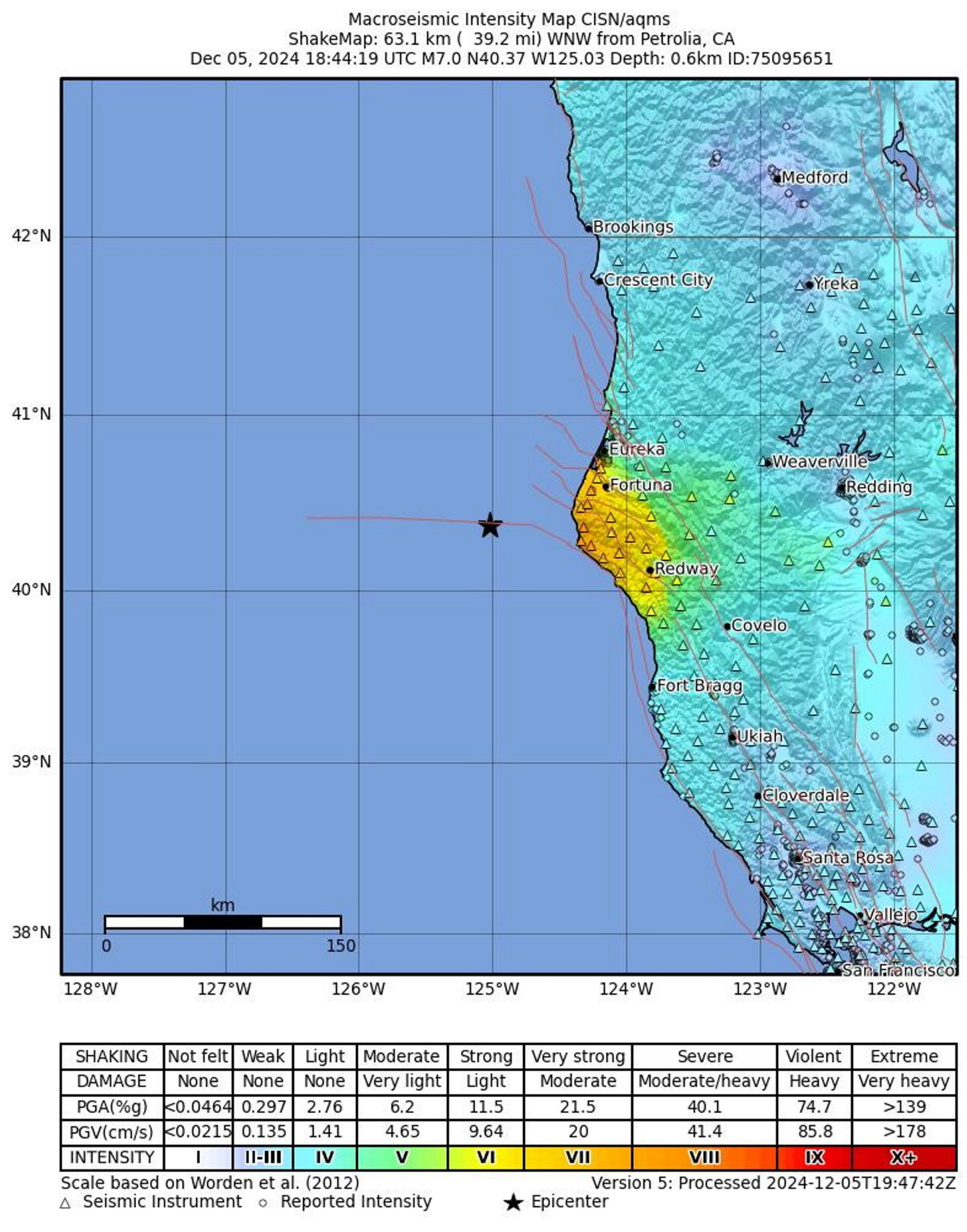 358210 A handout shakemap made available by the United States Geological Survey (USGS) shows the location of a 7.0-magnitude earthquake hitting off the coast of Cape Mendocino, California, U.S., Dec. 5, 2024. (EPA Photo)