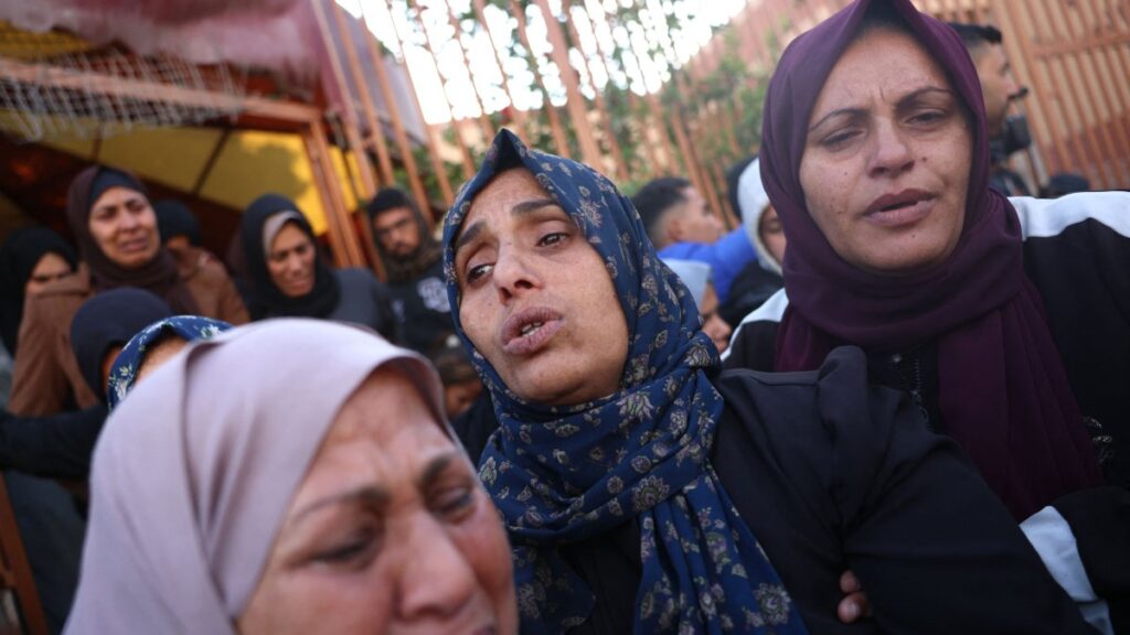 A Palestinian woman mourns her relatives, killed in an Israeli strike on the previous day, during a funeral outside the Al-Nasser Hospital, Khan Younis, Gaza Strip, Palestine, Dec. 5, 2024. (AFP Photo)