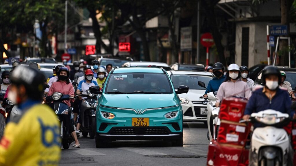 This picture shows a VinFast electric car on a street in Hanoi, Vietnam, Oct. 4, 2023. (AFP Photo)