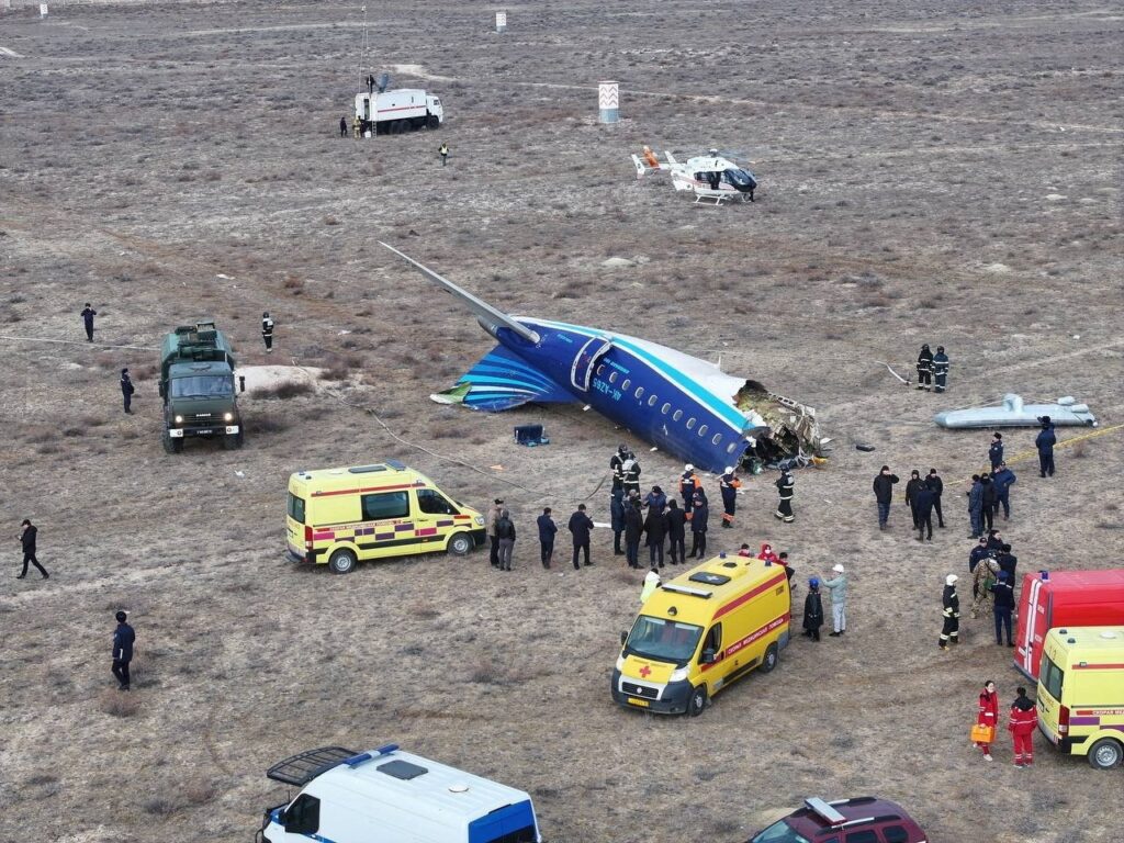 A drone view shows the crash site of an Azerbaijan Airlines passenger plane near the city of Aktau, Kazakhstan, Dec. 25, 2024. (Reuters Photo)