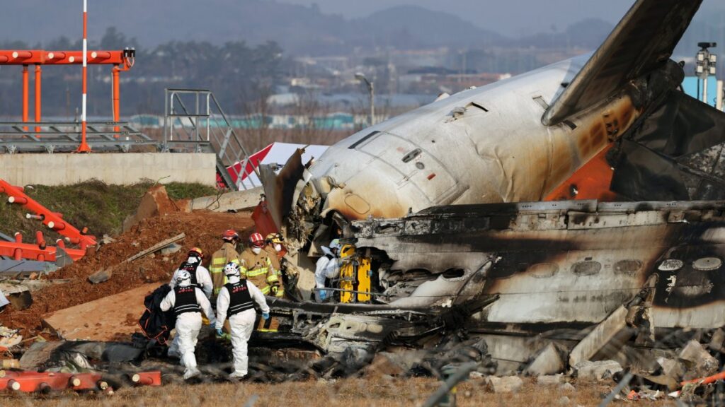 Firefighters work at the wreckage of the Jeju Air aircraft at Muan International Airport in Muan, South Korea, Dec. 29, 2024. (EPA Photo)