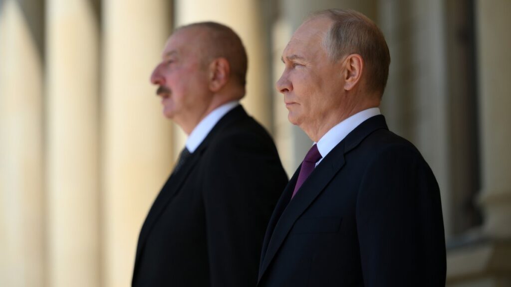 Russian President Vladimir Putin (R) and Azerbaijan's President Ilham Aliyev attend a program in Baku, Azerbaijan, Aug. 24, 2024. (EPA Photo)
