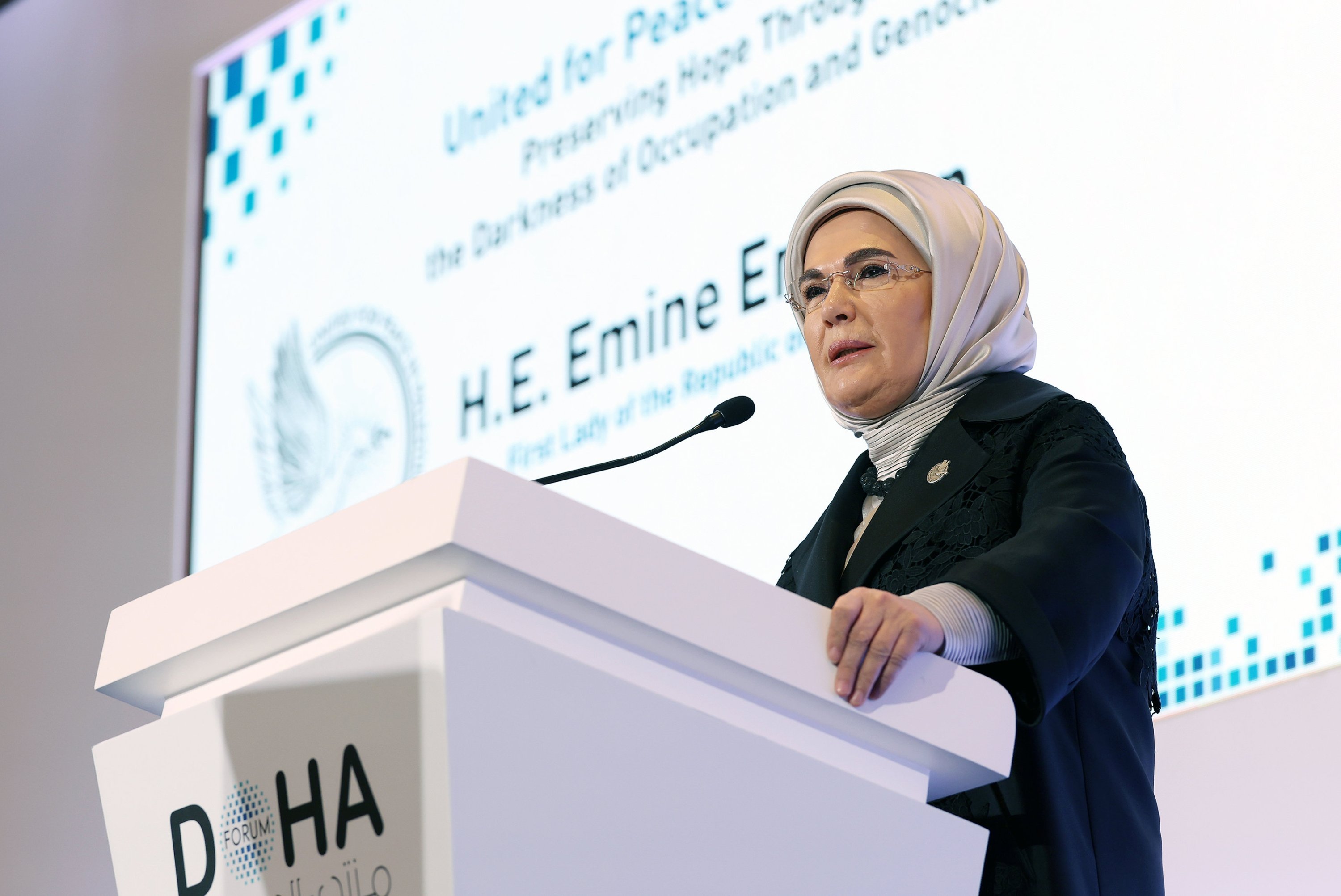 361862 First lady Emine Erdoğan speaks at a session during the Doha Forum 2024, Doha, Qatar, Dec. 7, 2024. (AA Photo)