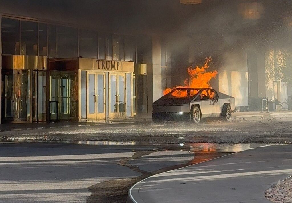 Flames rise from a Tesla Cybertruck after it exploded outside the Trump International Hotel Las Vegas, in Las Vegas, Nevada, U.S., Jan. 1, 2025. (Reuters Photo)