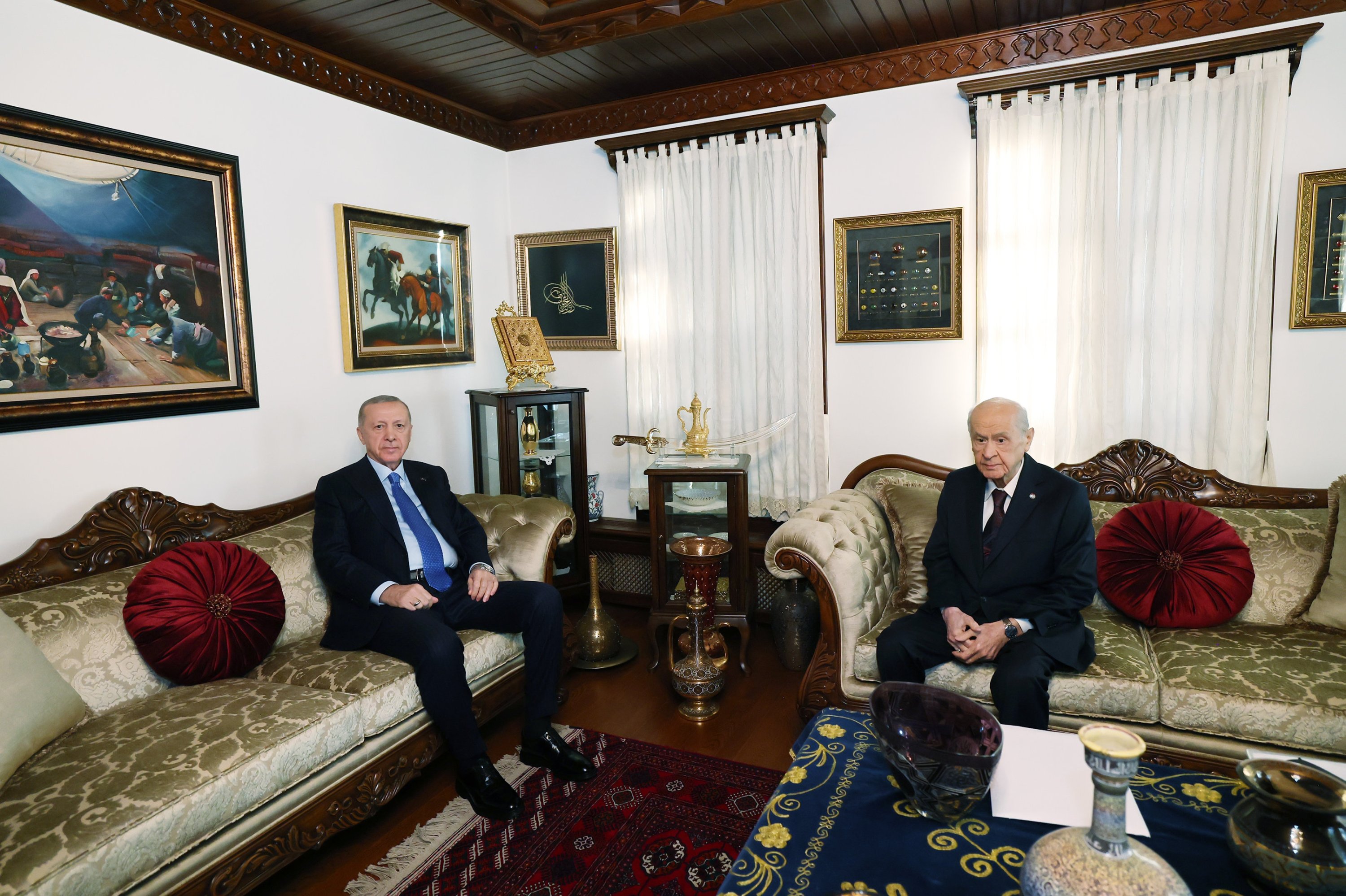363301 President Recep Tayyip Erdoğan and MHP Chairman Devlet Bahçeli meet at Bahçeli's home in Ankara, Jan. 9, 2025. (AA Photo)