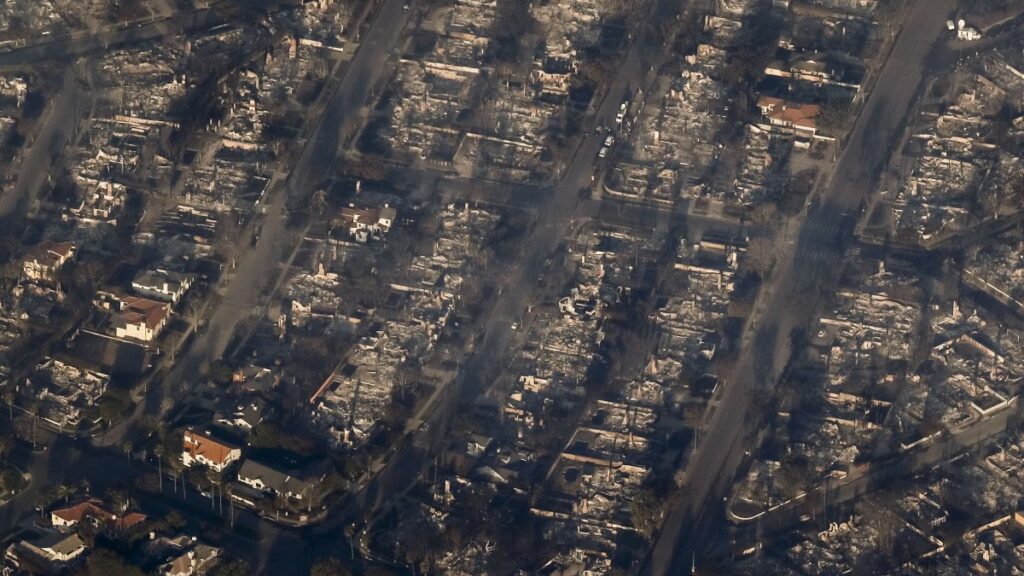 An aerial view shows a neighborhood destroyed by the Palisades wildfire in the Pacific Palisades neighborhood of Los Angeles, California, Jan. 10, 2025. (EPA Photo)