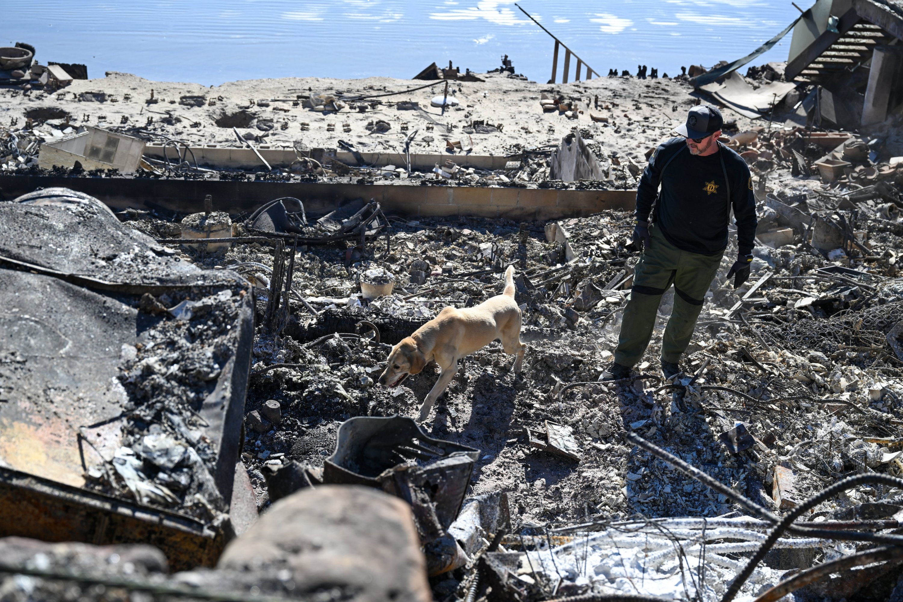 363802 An officer with the Los Angeles Sherrif's Department uses a cadaver dog to look for bodies in a burnt down house, Los Angeles, California, U.S., Jan. 12, 2025. (AA Photo)