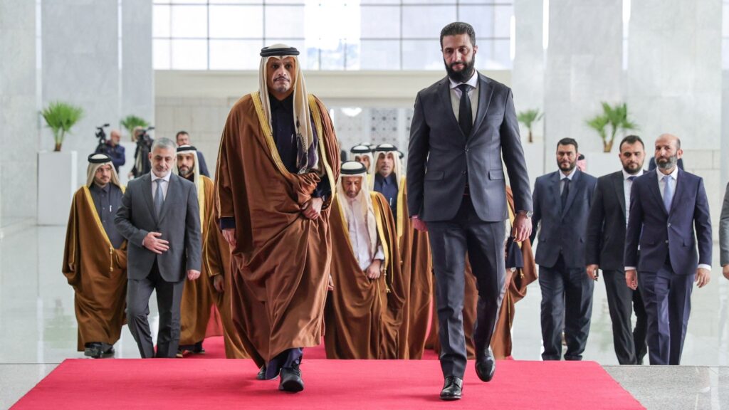 Qatar's Prime Minister and Foreign Minister Sheikh Mohammed bin Abdulrahman Al Thani meets with Syria's de facto leader Ahmed al-Sharaa, in Damascus, Syria, Jan. 16, 2025. (Handout via Reuters Photo)