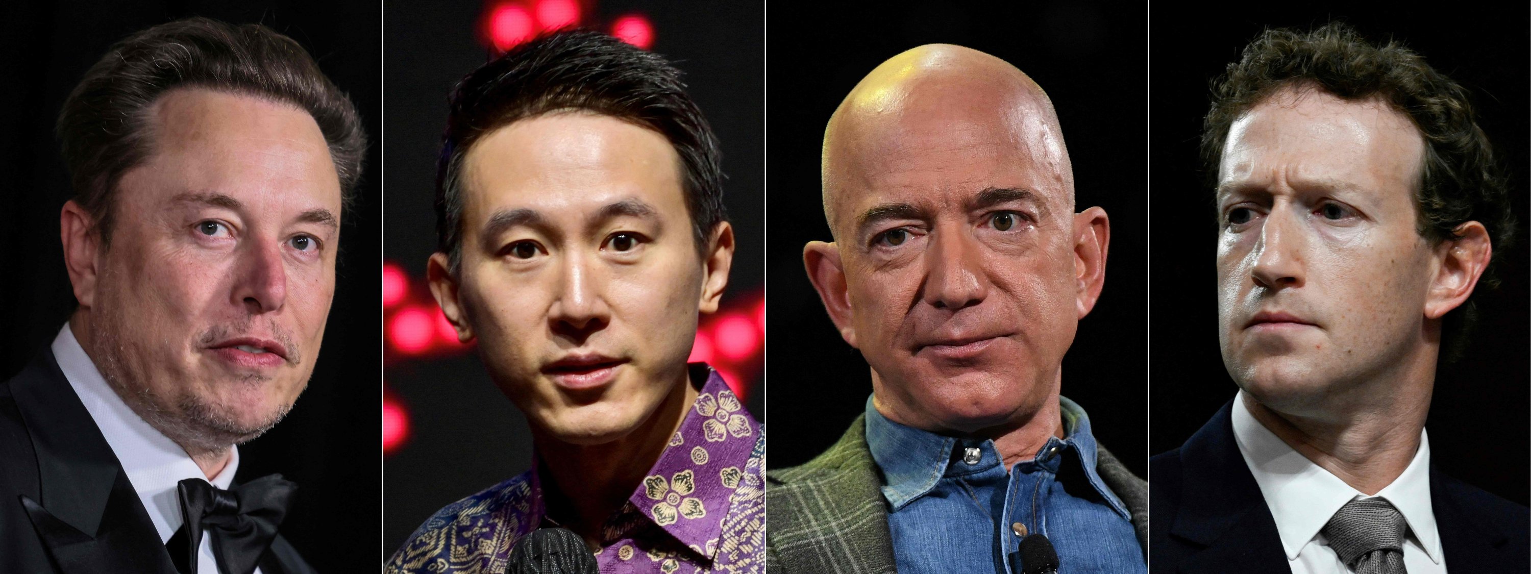 364501 This combination of pictures created on Jan. 15, 2025, shows the world's richest man Elon Musk (L) in Los Angeles on April 13, 2024, TikTok CEO Shou Zi Chew (2nd L) in Jakarta on June 15, 2023, Amazon Founder and CEO Jeff Bezos (2nd R) in Las Vegas on June 6, 2019 and Mark Zuckerberg (R), CEO of Meta, in Washington on Jan. 31, 2024. (AFP Photo)