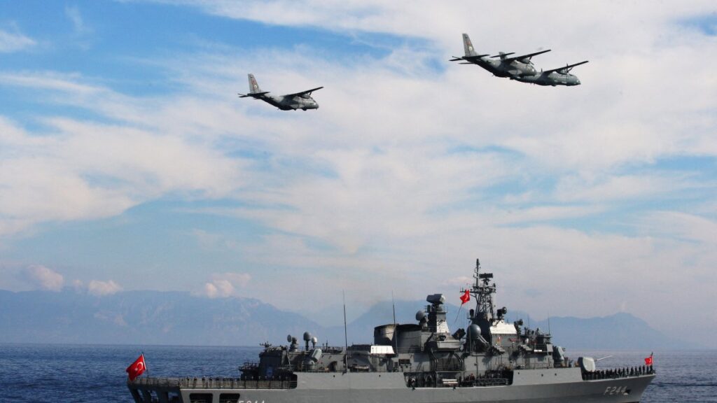 Turkish naval ships and air force planes take part in the Blue Homeland-2025 military exercise in the Aegean, off the shores of Marmaris, western Muğla province, Türkiye, Jan. 9, 2025. (Reuters Photo)
