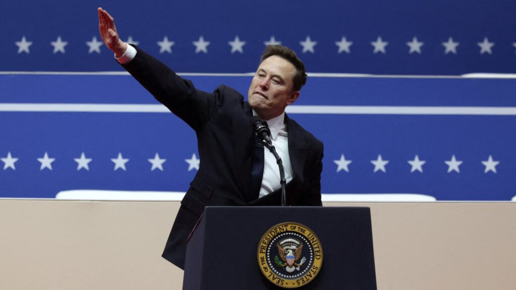 Elon Musk gestures at the podium inside the Capital One arena on the inauguration day of Donald Trump's second presidential term, Washington, U.S., Jan. 20, 2025. (Reuters Photo)