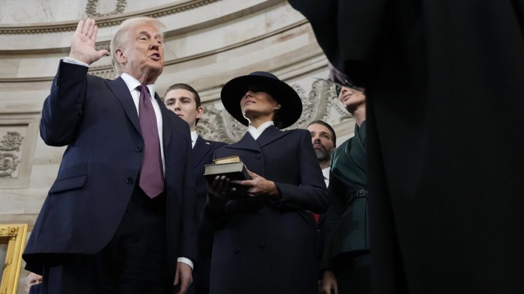 U.S. President-elect Donald Trump takes the oath of office from U.S. Supreme Court Chief Justice John Roberts during inauguration ceremonies in the Rotunda of the U.S. Capitol in Washington, D.C., U.S., Jan. 20, 2025. (EPA Photo)