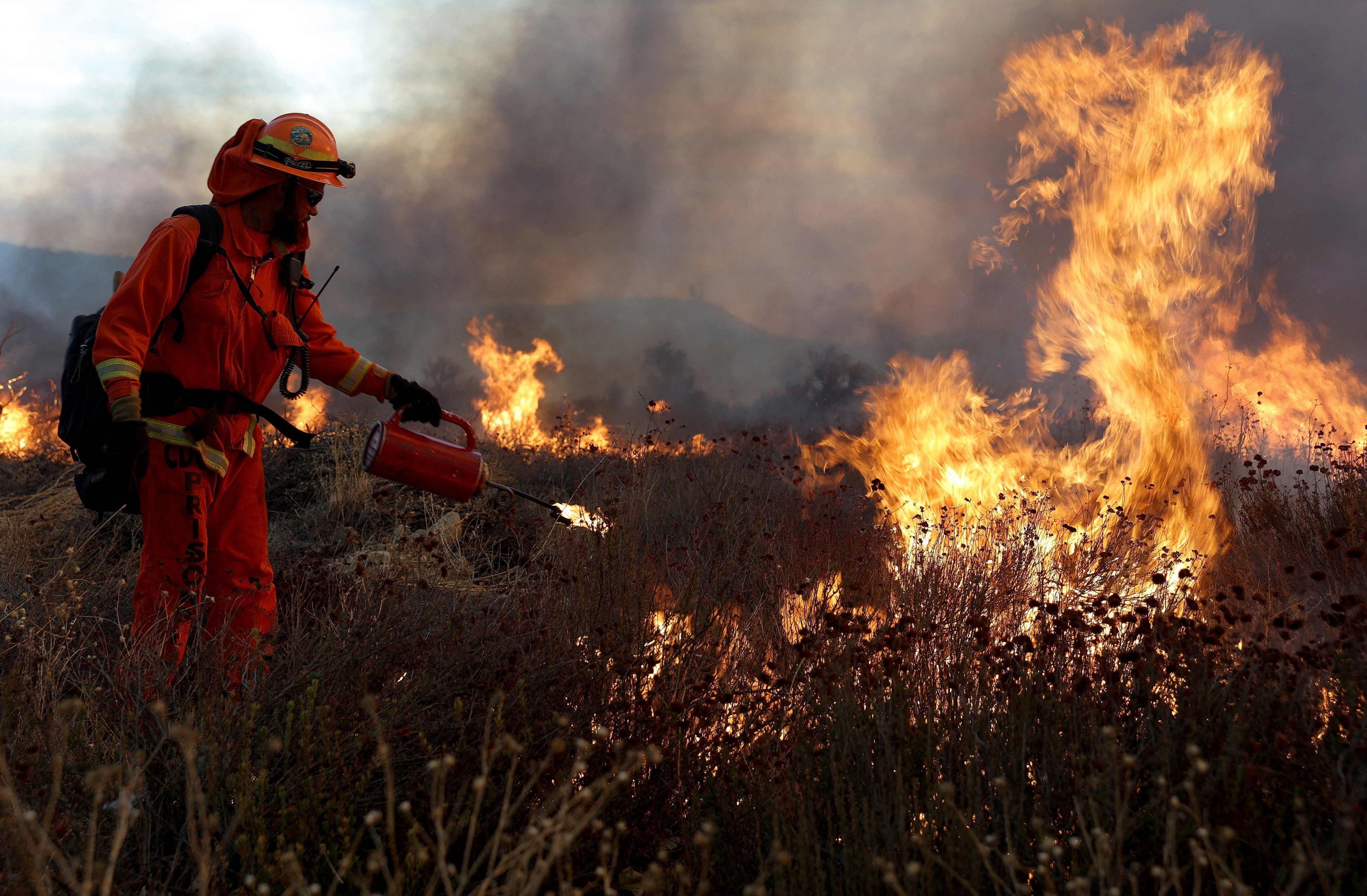365355 An inmate firefighter lights a backfire as the Hughes Fire burns Castaic, California, north of Los Angeles, U.S., Jan. 22, 2025. (AFP Photo)