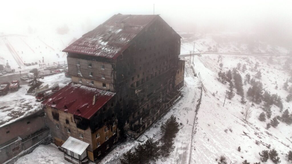 An aerial view of the severely damaged Grand Kartal Hotel after the tragic fire, Bolu, Türkiye, Jan. 11, 2025. (AA Photo)