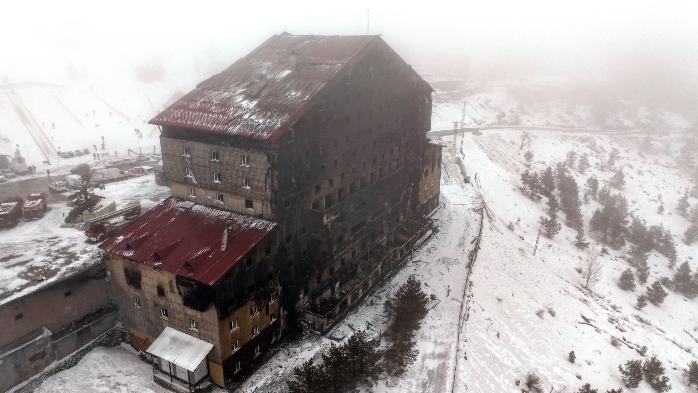 An aerial view of the severely damaged Grand Kartal Hotel after the tragic fire, Bolu, Türkiye, Jan. 11, 2025. (AA Photo)