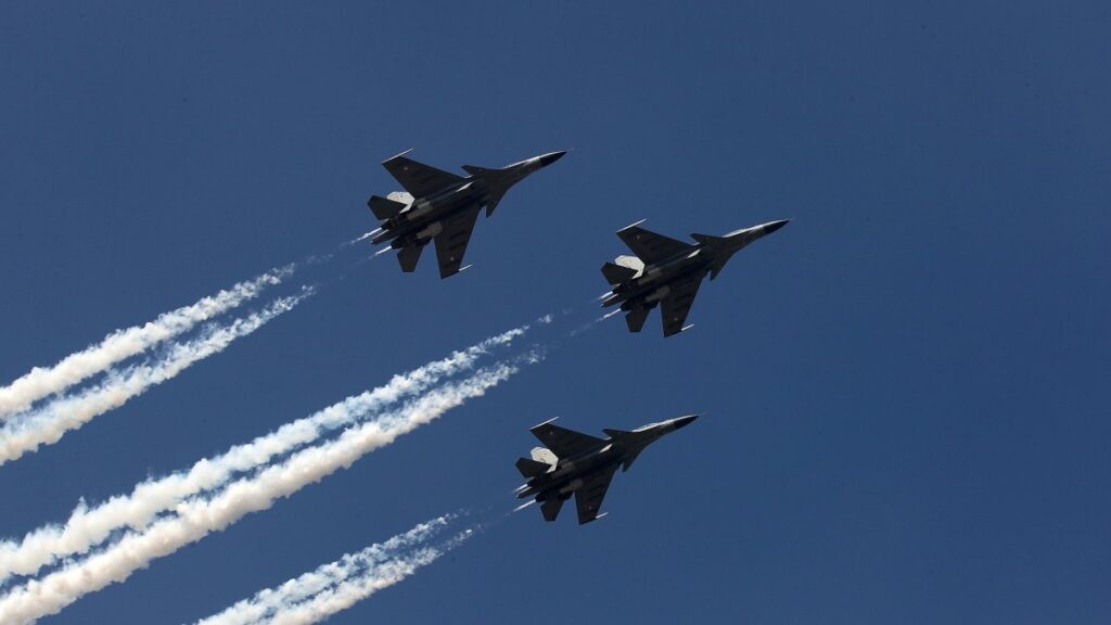 Three Sukhoi-30 fighter aircraft of the Indian Air Force are seen in the air during India's 76th Republic Day celebrations, New Delhi, India, Jan. 26, 2025. (EPA Photo)