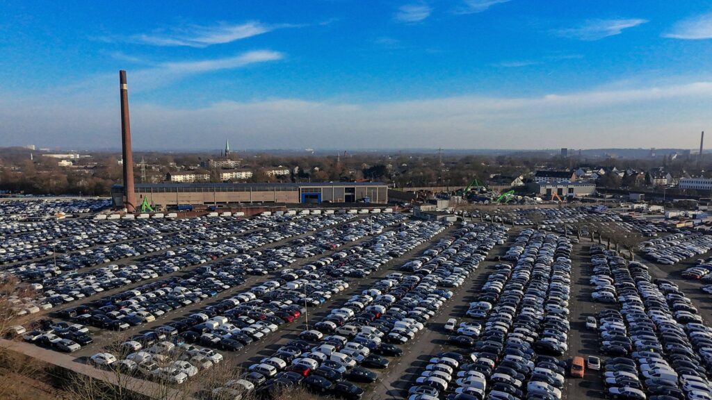 An aerial drone view of numerous new cars parked at a car logistics terminal, Essen, Germany, Feb. 3, 2025. (EPA Photo)