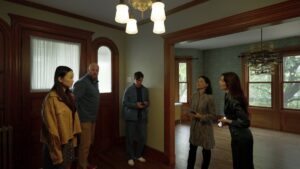 This image released by Neon shows Callina Liang (from L) Chris Sullivan, Eddy Maday, Lucy Liu and Julia Fox in a scene from "Presence." (AP Photo)