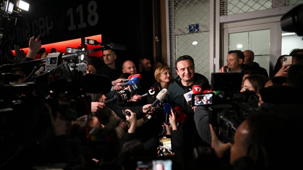 Kosovo's Prime Minister Albin Kurti addresses the press at Vetevendosje (Self-Determination) party headquarters in Pristina, Feb. 9, 2025. (AFP Photo)