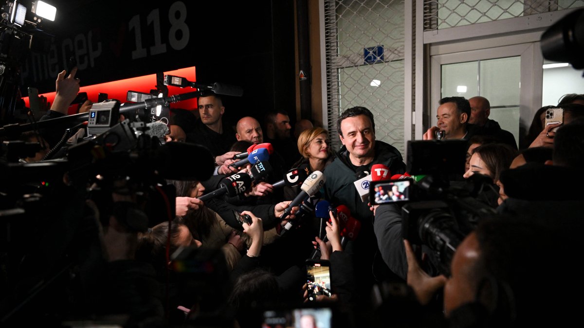 Kosovo's Prime Minister Albin Kurti addresses the press at Vetevendosje (Self-Determination) party headquarters in Pristina, Feb. 9, 2025. (AFP Photo)