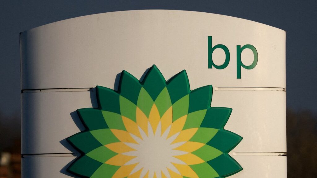 Signage is seen outside a British Petroleum petrol station, Liverpool, U.K., Feb. 7, 2023. (Reuters Photo)