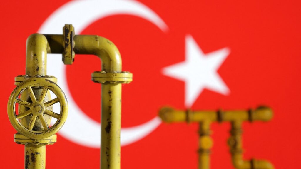 This illustration shows a model of a natural gas pipeline backdropped by Türkiye's flag, July 18, 2022. (Reuters Photo)