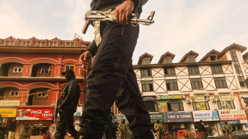 Indian police and paramilitary soldiers patrol a street in Srinagar, the summer capital of Indian-administered Kashmir, Jan. 11, 2025. (EPA Photo)