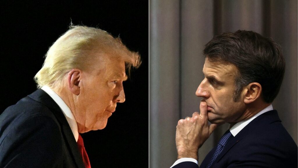 This combination of pictures created on Feb. 17, 2025, shows U.S. President Donald Trump at Naval Air Station Joint Reserve Base New Orleans in Louisiana, U.S., Feb. 9, 2025, and France's President Emmanuel Macron in Paris, France, Feb. 13, 2025. (AFP Photo)