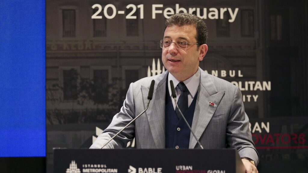 Istanbul Mayor Ekrem Imamoğlu speaks at an event in Istanbul, Türkiye, Feb. 20, 2025. (AA Photo)