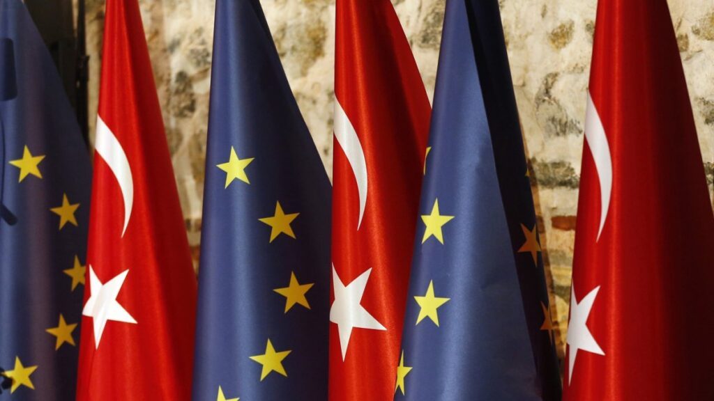 Türkiye's and European Union flags are seen prior to the opening session of a high-level meeting in Istanbul, Türkiye, Feb. 28, 2019. (AP File Photo)