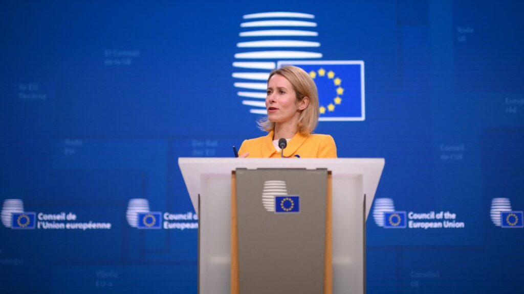 European Union High Representative for Foreign Affairs and Security Policy Kaja Kallas holds a news conference during the EU's foreign affairs council at the EU headquarters in Brussels, Feb. 24, 2025. (AFP Photo)