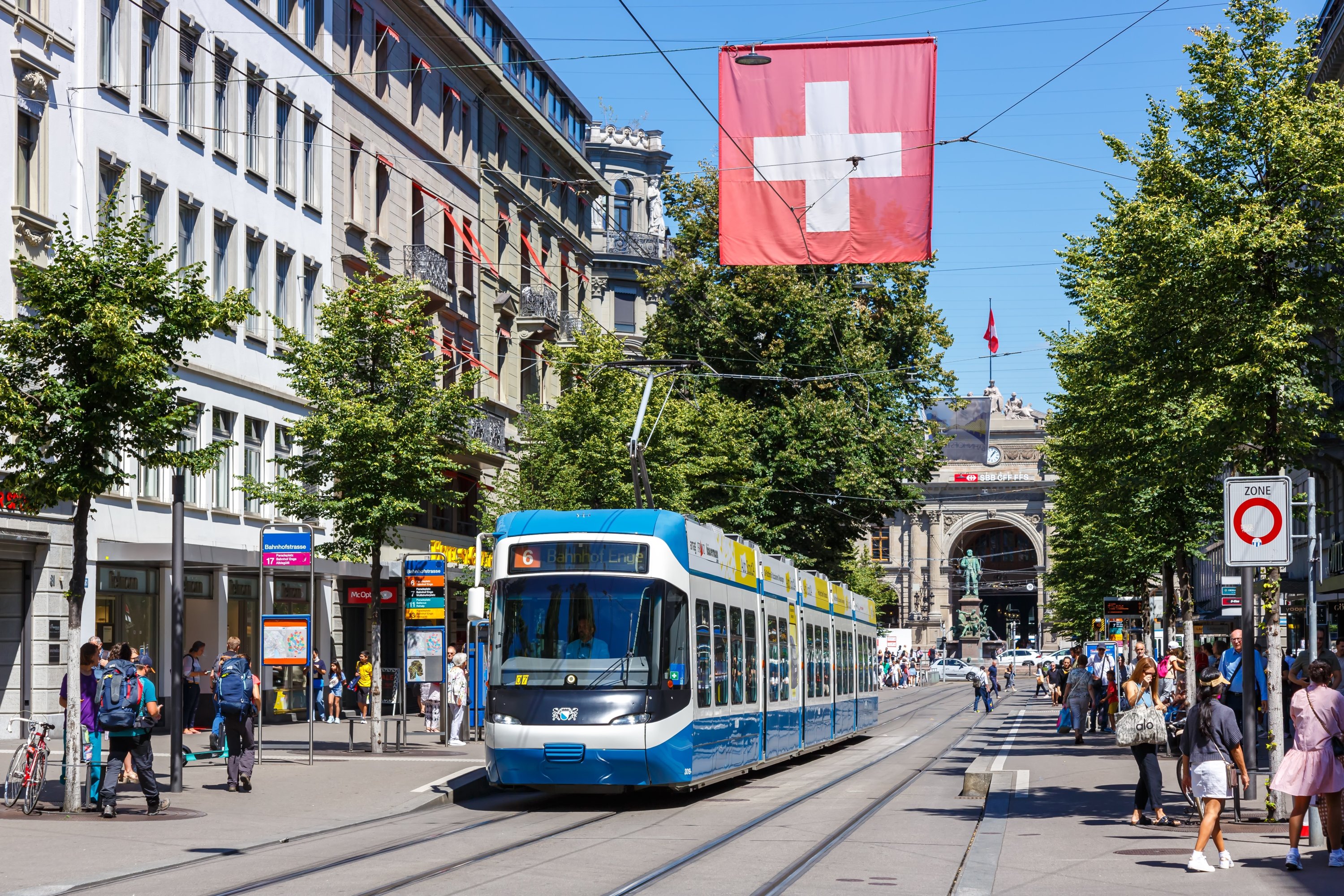 370310 Bahnhofstrasse with the Cobra-Tram, a popular mode of public transport in the city of Zurich, Switzerland, Aug. 10, 2023. (Shutterstock Photo)