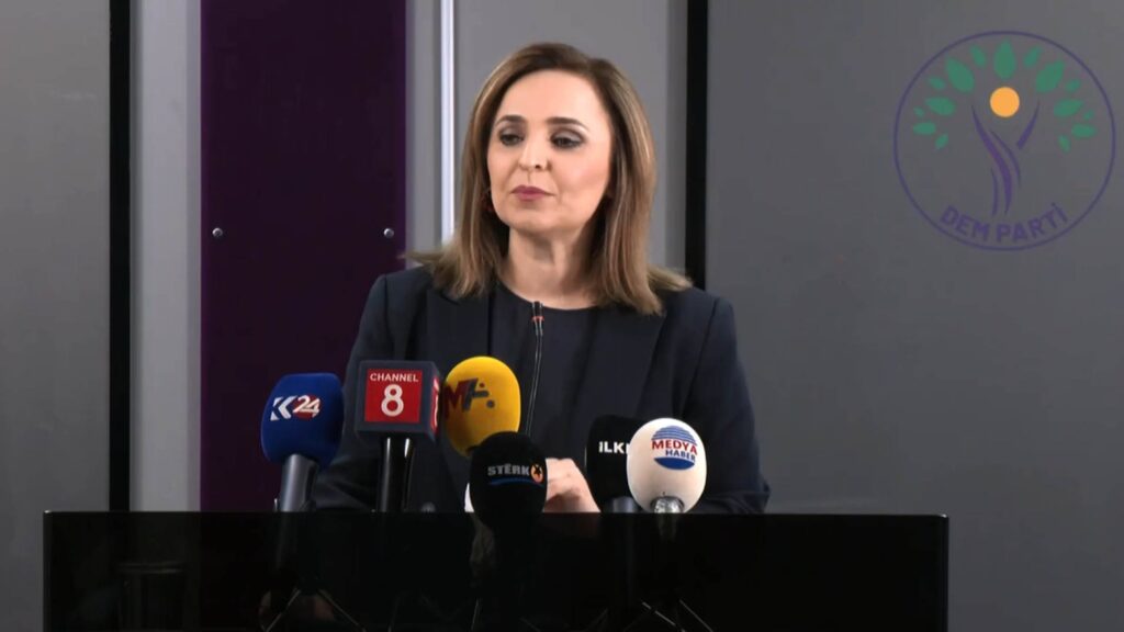 Peoples' Equality and Democracy Party (DEM Party) spokesperson Ayşegül Doğan talks to reporters at the party's headquarters, Ankara, Türkiye, Feb. 26, 2025. (DHA Photo)