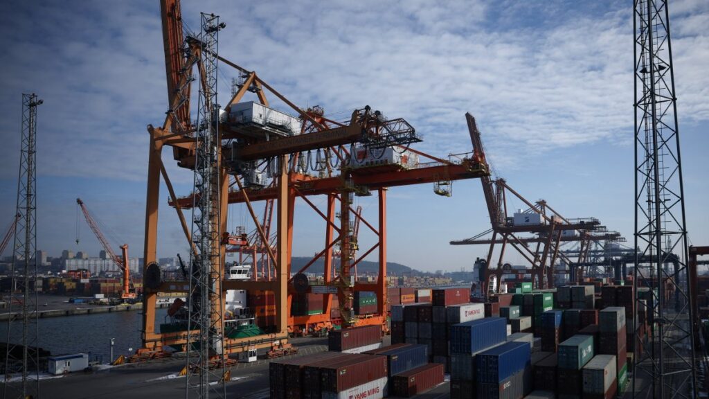 Stacks of shipping containers are pictured at the Hutchison Ports Gdynia (GTC Gdynia Container Terminal), Gdynia, Poland, Feb. 22, 2025. (Reuters Photo)