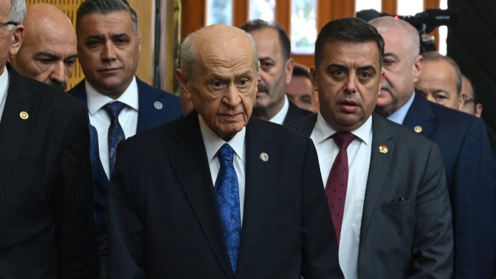Nationalist Movement Party (MHP) leader Devlet Bahçeli (C) arrives for his party's parliamentary group meeting in the capital Ankara, Türkiye, Jan. 28, 2025. (AA Photo)