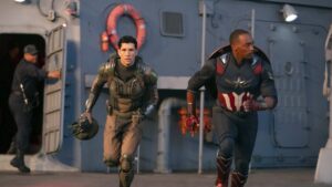 Danny Ramirez (L) and Anthony Mackie in a scene from Marvel Studios' "Captain America: Brave New World." (Disney via AP Photo)