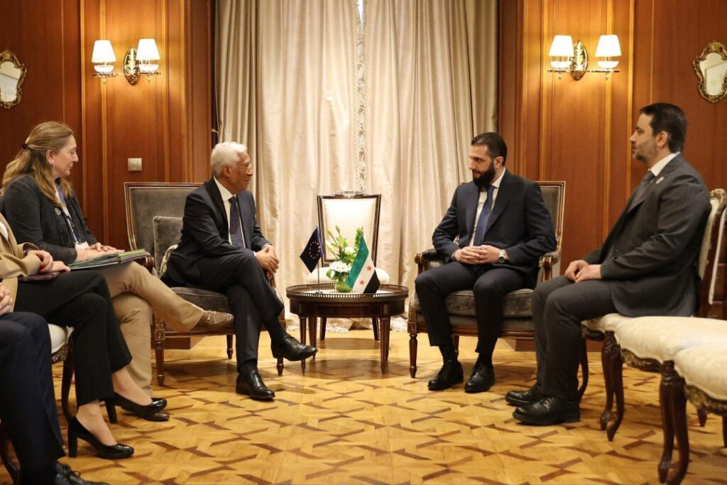 Syria's interim President Ahmed al-Sharaa (CR) and Foreign Minister Asaad al-Shibani (R) meet with the President of the European Council Antonio Costa (CL) in Cairo, March 4, 2025. (AFP Photo)