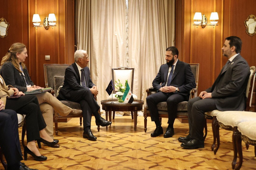 Syria's interim President Ahmed al-Sharaa (CR) and Foreign Minister Asaad al-Shibani (R) meet with the President of the European Council Antonio Costa (CL) in Cairo, March 4, 2025. (AFP Photo)