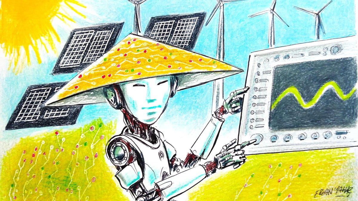 "China’s state-backed VPP initiatives, which are closely integrated into its broader AI development strategy, position the country as a self-sufficient leader in AI sustainability research." (Illustration by Erhan Yalvaç)