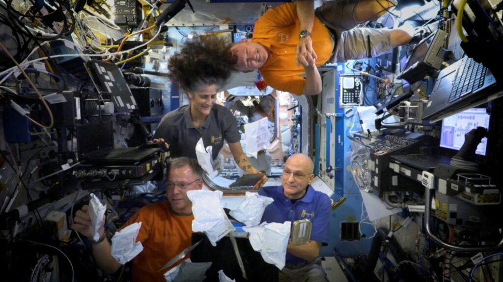 NASA astronauts Sunita Williams, Nick Hague, Barry Wilmore and Donald Pettit unbox meals at the International Space Station (ISS) in this screen grab taken from a handout video, released on Nov. 26, 2024. (Reuters Photo)
