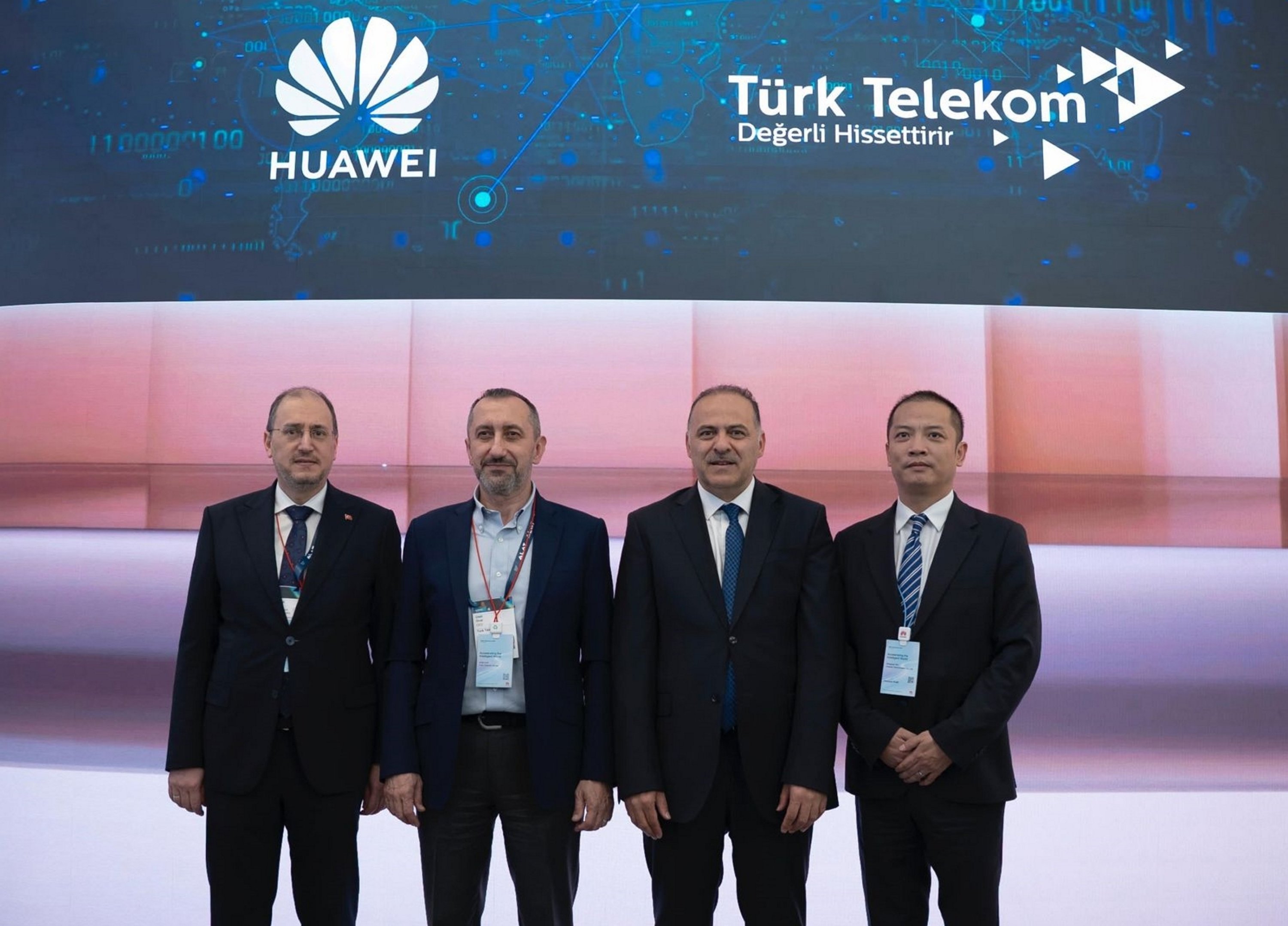 371914 Deputy Transport and Infrastructure Minister Ömer Fatih Sayan (2nd R) and Ümit Önal (2nd L), CEO of Türk Telekom, during an event to introduce a smart city application using 5G-Advanced RedCap technology at the World Mobile Congress, Barcelona, Spain, March 3, 2025. (AA Photo)