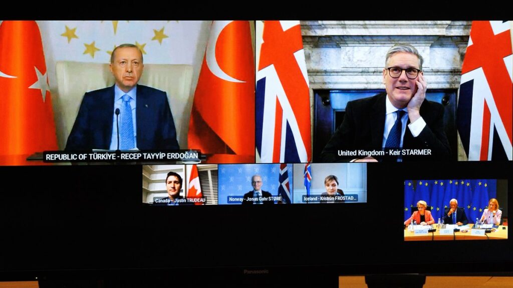 President Recep Tayyip Erdoğan attends a video call with the U.K., Canada, European leaders and EU officials on the security of Europe, Brussels, Belgium, March 7, 2025. (EPA Photo)