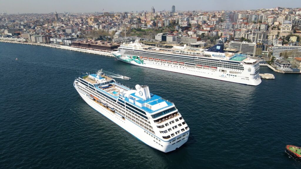 An aerial view of cruise ships docked close to Galataport, Istanbul, Türkiye. (DHA Photo)