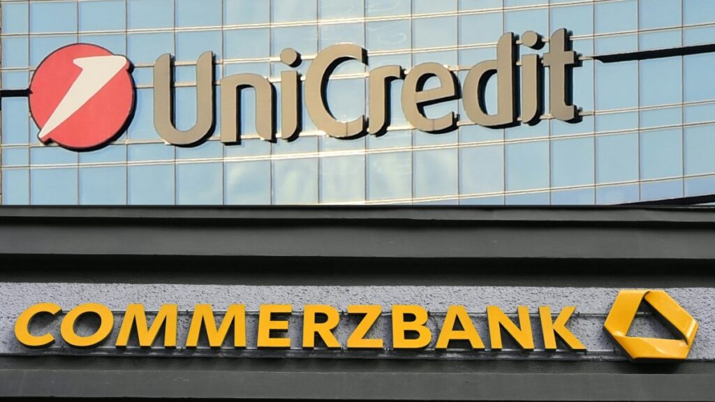 This combination of pictures created on Dec. 18, 2024, shows the logo of Italian bank Unicredit in Milan, Italy, and the logo of German bank Commerzbank on one of the bank's branches in Berlin, Germany, May 13, 2020. (AFP Photo)