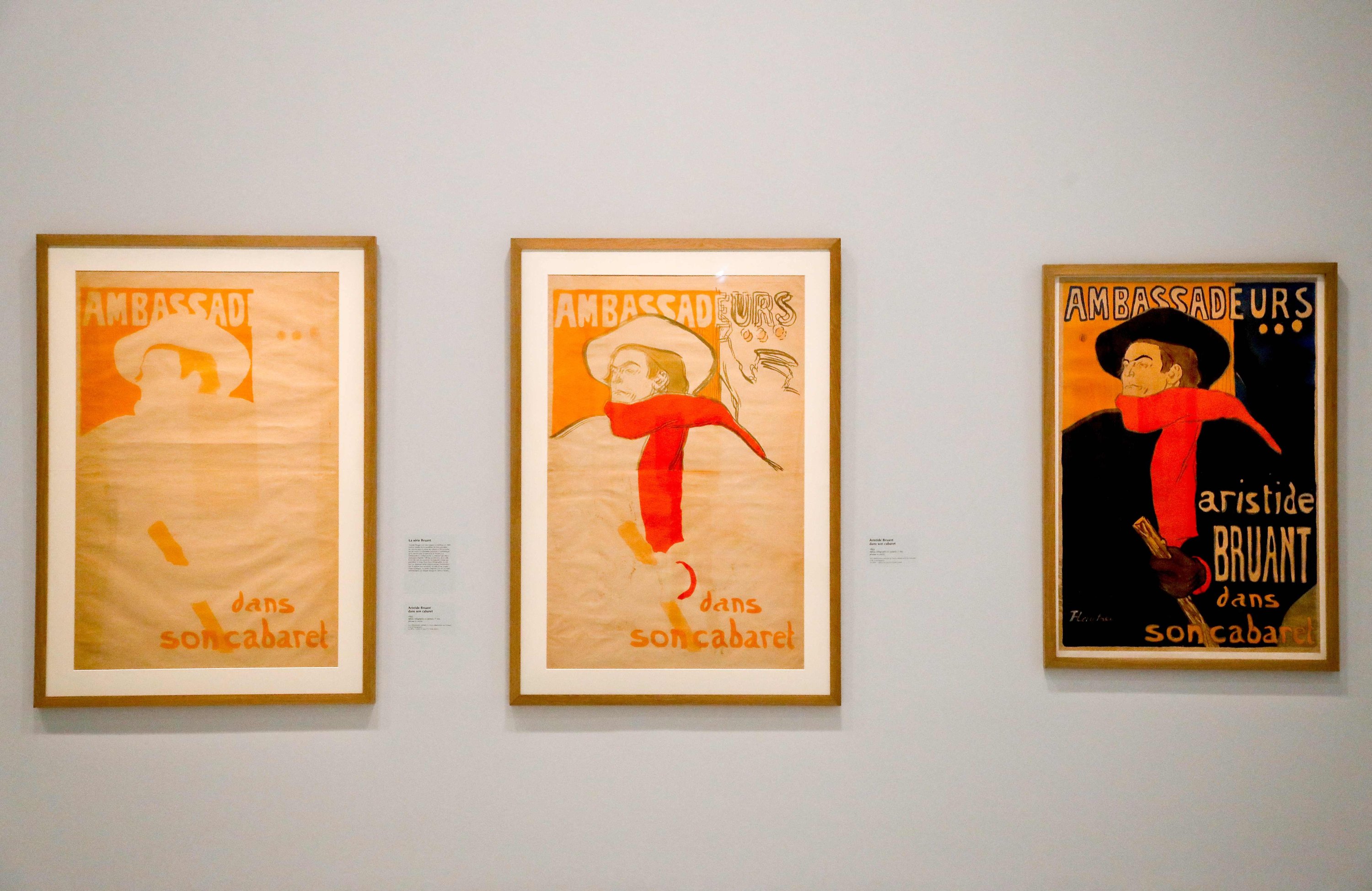 373372 This picture taken on Oct. 8, 2019, shows a lithography printed in four colors dated 1893, ' Aristide Bruant dans son cabaret,' as part of the exhibition ' Toulouse Lautrec - Resolutely Modern' at the Grand Palais, Paris, France. (AFP Photo)